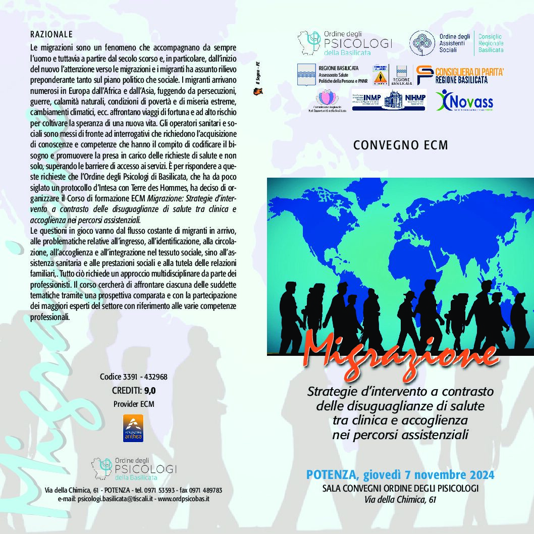 Evento formativo: “Migrazione: Strategie d’intervento a contrasto delle disuguaglianze di salute, tra clinica e accoglienza nei percorsi assistenziali”